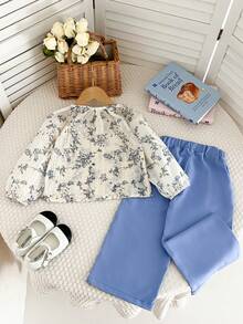 Humor Bear 2件套女童时尚提花雪纺轻薄长袖上衣和阔腿裤套装，秋季 - 藍色 - 查看 2