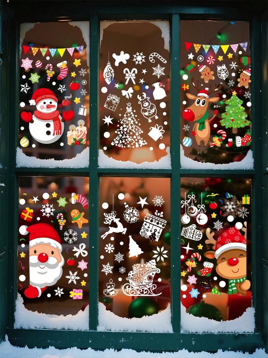 Autocolante de Crăciun pentru fereastră, pachet de 6 - Autocolante de Crăciun cu desene animate, Moș Crăciun, reni și oameni de zăpadă, lucioase, autocolante de sărbători pentru suprafețe din sticlă și plastic, decorațiuni de Crăciun, decorațiuni pentru petreceri de sărbători