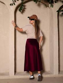 Women's Satin Midi Long Skirt High Waist Elegant Luxury - 酒紅色 - 查看 2