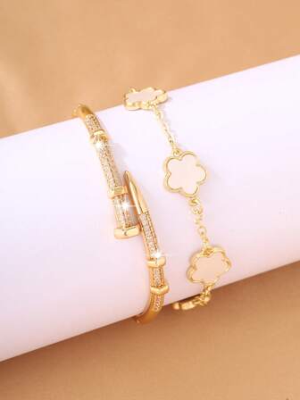 1 套时尚铆钉手链，方晶锆石女士手链，适合叠戴和日常佩戴，奢华珠宝节日礼物