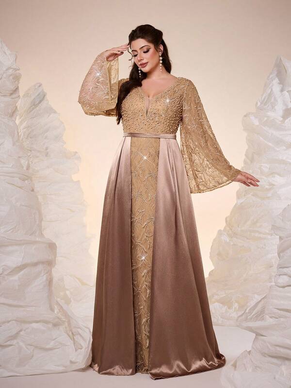 Anpoket, Nuevo Llegado, Cuello en V, Elegante, Vestido de Bola Talla Grande, Cinturón, Encaje de Contraste, Manga con Volantes, Gasa, PARA, Fiesta de Cena, Vestido de Fiesta, Vestido de Invitada de Boda, Vestido de Noche