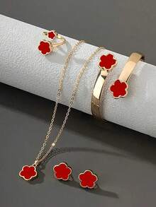 5pcs/Set Lucky Clover Design Necklace, Earrings, Bracelet And Ring - 綠色 - 查看 7