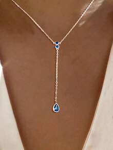 قلادة فضة عيار 925 بقلادة زركونيا على شكل قطرة ماء زرقاء، تصميم علاق أنيق، سلسلة تجميل منطقة الترقوة، مناسبة للارتداء اليومي