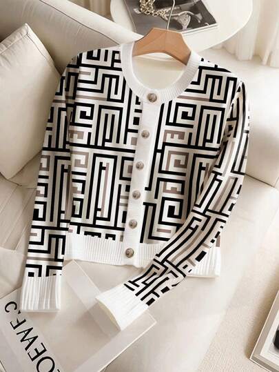 25 Autumn-Winter Women's Daily Wear Geometric Pattern Full-Body Print Color-Collision Pocket Minimalist Cardigan Coat,Elegant Women's Blouses,Women's Winter Jacket