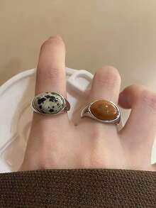 2pcs Fashionable Personalized Retro Mori Design Natural Stone Adjustable Open Ring Suitable For Women's Daily Wear And Party, Photography Accessory, Birthday Gift For Bestie