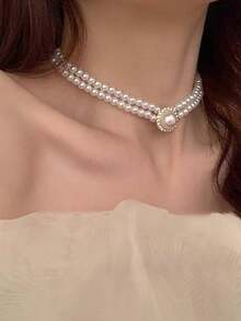 1pc Elegant & Delicate Rhinestone Studded Pearl Necklace, Fashionable Choker Necklace For Girl, Suitable As Birthday Or Holiday Gift - White - View 10