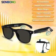 SENBONO AI 翻译智能眼镜 - 音频眼镜 - 100 多种语言翻译智能无线眼镜，具有无线通话、音乐播放、音乐控制、摄像头控制、唤醒语音、100 多种语言面对面和同步视频语音实时翻译无线眼镜，适用于商务办公