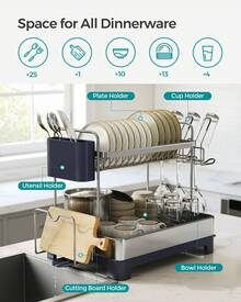 Dish Drying Rack, 2-Tier Dish Rack For Kitchen Counter With Rotatable And Extendable Drain Spout, Dish Drainer With Utensil, Cup, Glass, Cutting Board Holders, Silver And Black/Silver And Grey - Grey - View 2