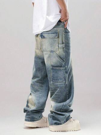Men's Vintage Washed Denim Casual Multi-Pocket Loose Wide-Leg Pants, Versatile And Fashionable, Suitable As Gift For Boyfriend/Husband