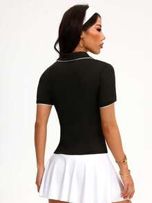 1pc Women's Solid Color Black Polo Shirt With White Contrast Trim, Stretchy Fabric - Black - View 2