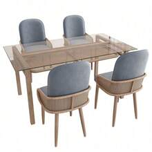 Esszimmertisch- und Stuhlset, Esstisch und 4 Stühle, Esstisch mit Stauraum, Tischplatte aus gehärtetem Glas, Samt-Esszimmerstühle, Esszimmerstühle mit Rückenlehne, Rattan-Design, Grau