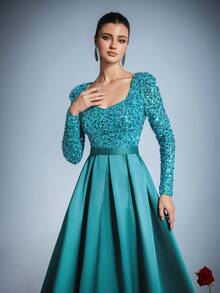 Elegant Sequin Satin Long Sleeve Evening Gown - Suitable For Art Gallery Galas, Charity Dinners, Luxury Events, Private Museum Parties, Cannes Film Festival Red Carpet, New Year Attire - Green - View 6