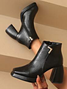 女式踝靴，超高跟靴，纯色圆头粗跟防水台靴，时尚休闲一脚蹬靴，适合秋冬户外，侧拉链 PU 皮革优雅假日踝靴 - 黑色 - 查看 1