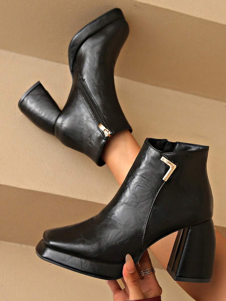 女式踝靴，超高跟靴，纯色圆头粗跟防水台靴，时尚休闲一脚蹬靴，适合秋冬户外，侧拉链 PU 皮革优雅假日踝靴 - 黑色 - 查看 1