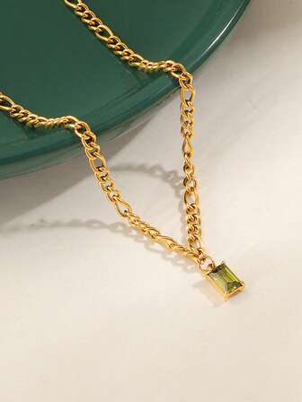 1pc Minimalist Olive Green Zirconia Necklace For Women, Fashionable Clavicle Chain For Daily Layering
