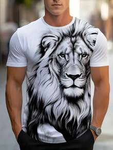Lion Pattern T-Shirt, Men's Casual Street Style Elastic Crew Neck T-Shirt For Summer, 100% Polyester, Lightweight Breathable Fabric, Suitable As A Gift For Friends - Multicolor - View 3