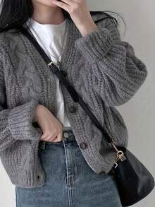 MURAMASA Cárdigan de punto grueso de estilo vintage para mujer para otoño e invierno - con botones, manga larga, perfecto para el Día de San Valentín y talla grande allá  Liso    Casual    Botón  Botón delantero - Gris - Ver 4
