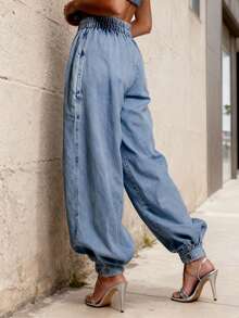 Women Harem Denim Pants Causal High Waist Wide Leg Baggy Solid Color Trousers With Pockets - 藍色 - 查看 7