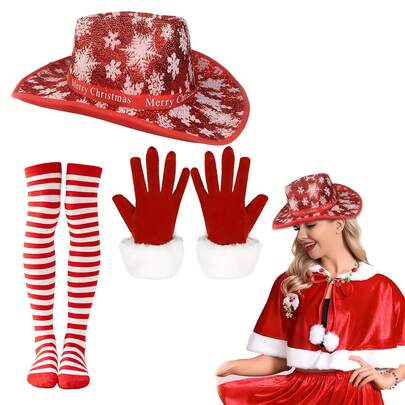 Christmas Costume And Accessory Set, Including 1 Red Christmas Hat, 1 Pair Of Gloves, And 1 Pair Of Socks, Role Playing Party Supplies And Props