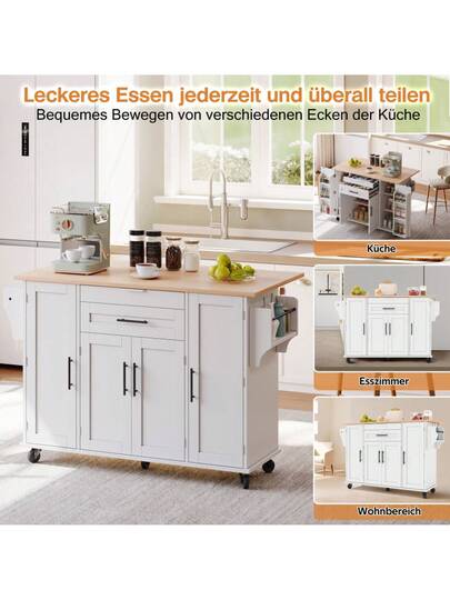 120*45cm, Mobile Kitchen Isl Trolley, Worktop Extends Up To 70cm, Hidden Cutlery Drawer, Adjustable Shelves, Spice Rack Towel Holder, Kitchen, Dining Room Or Living view 4