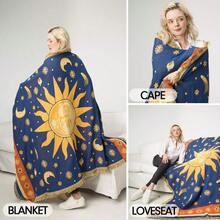 Sun And Moon Stars Hippie Throw Blanket Celestial Tapestry Doublesided Reversible Woven Cotton Home Decor Bedding Chair Couch Recliner Cover Loveseat Rug Oversized Tassels Blue Yellow 91x71