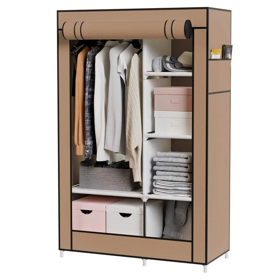 Portable Closet, Clothes Storage Organizer With 6 Shelves, Clothes Hanging Rail, Non-Woven Fabric Closet, Clothing Racks For Hanging Clothes,Portable Wardrobe With 6 Shelves & 1 Hanging Rod, 4 Side Pockets  For Bedroom ﻿ - Màu nâu - Xem 1