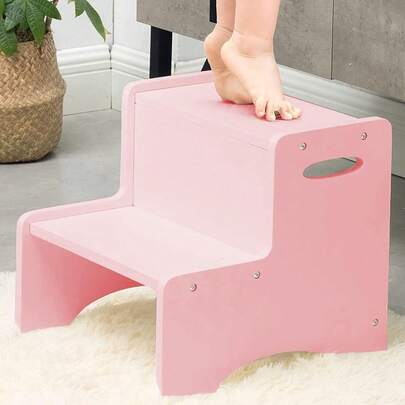 Toddler Step Stool, Wooden 2 Step Stools For Bathroom Sink Potty Training Kitchen Dual Height Stool Helper For Kids Bonus Non-Slip Pads And Handles For Safety