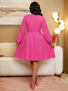 Váy midi viền bèo nhún thanh lịch dành cho nữ có thắt lưng, cổ tròn, túi, màu trơn, chất liệu vải phù hợp cho trang phục thanh lịch, thường ngày, trang trọng, công sở, mùa thu - Màu Hồng Tươi - Xem 6