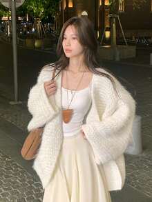 Áo len tay cánh dơi sequin, áo khoác cardigan dày dáng rộng phong cách Hàn Quốc mới cho nữ mùa thu - trắng - Xem 5