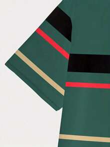 Men's Casual Summer T-Shirt, Green Base With Black And Red Stripes, Lightweight And Comfortable, Suitable For Daily And Holiday Wear - Multicolor - View 3
