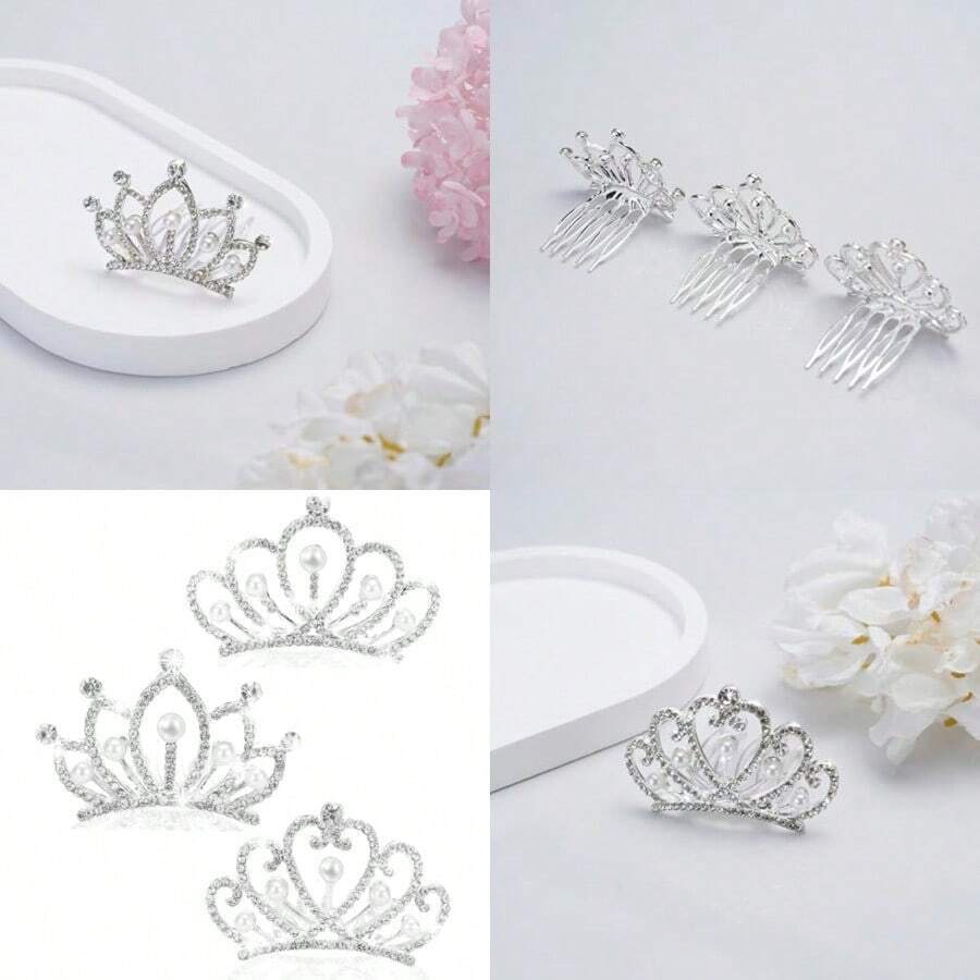 Mini Crowns Pearl Tiaras Mini Tiara Headband Rhinestone Princess Hair Accessories Tiny Crown Hair Clip Small Tiara Crown Headband For Women Birthday Party Halloween Wedding Doll Decor 3pcs - 如圖 - 查看 1