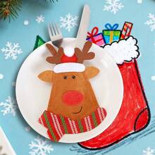Bolsillos para cubiertos navideños, bolsas para cubiertos con diseño de Papá Noel, muñeco de nieve y reno, para cuchara, tenedor y cuchillo, suministros de decoración para la mesa de la cena navideña, fiestas, bufés y reuniones familiares. - Caqui - Ver 1