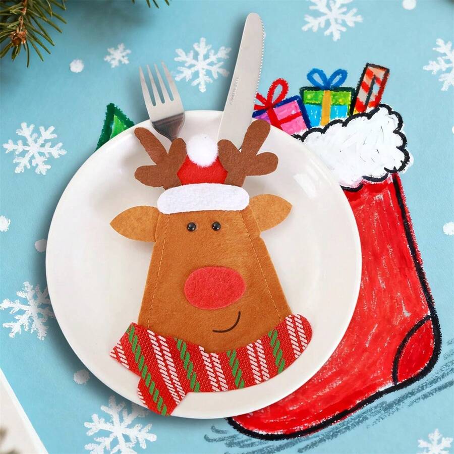 Bolsillos para cubiertos navideños, bolsas para cubiertos con diseño de Papá Noel, muñeco de nieve y reno, para cuchara, tenedor y cuchillo, suministros de decoración para la mesa de la cena navideña, fiestas, bufés y reuniones familiares. - Caqui - Ver 1
