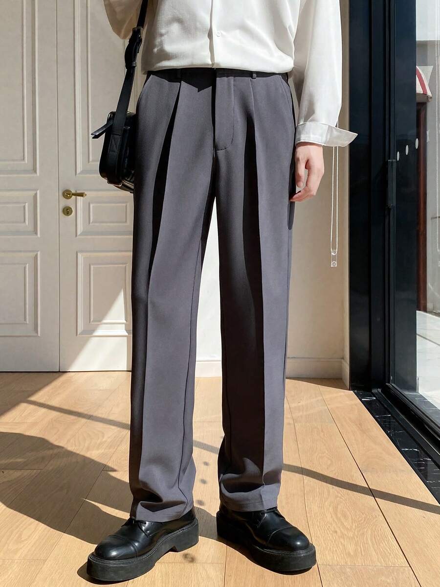 Straight-Leg Casual Business Trousers, Minimalist & Elegant - Grey - View 1