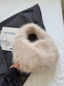 1个时尚毛绒单肩包，平沿手提包，可爱女士冬季手提包/钱包 - 卡其色 - 查看 8