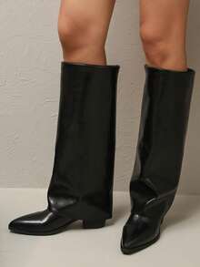 2025新款黑色尖头修身高筒靴复古马术风百搭时尚靴子舒适筒靴欧美女靴 - 黑色 - 查看 3