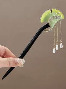 1pc Floral Print Elegant Ginkgo Leaf Tassel Hair Clip, Classical Chinese Style Faux Rosewood Hairpin, Suitable For Cheongsam, Hanfu, All Seasons Hair Accessory, Bun Extension, Pins For Hair