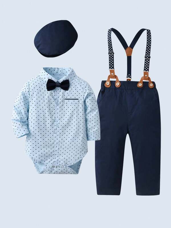 BOARNSEORL 3pcs Baby Boys Gentleman Outfit - Blue Long Sleeve Polka Dot Shirt With Bowknot, Overalls With Suspenders, And Hat, Fashionable And Dapper For Birthday Party, Wedding, Christening