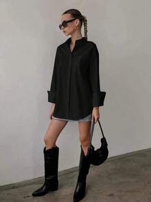 QIANZHIDU Elva Women Solid Color Loose Long Sleeved Business Interview Commuting Casual Relaxed Feeling Simple Shirt Back To School Clothes Graduation Office Spring Summer Autumn