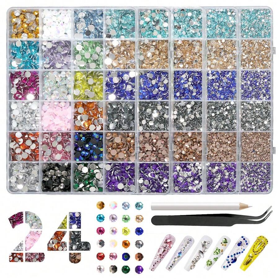 2Mm-6Mm Resin Rhinestones Kit For Crafting Bedazzling With Tweezers Pickup Pen, Flat Back Mixed Color AB Glitter Crystal Diamond Gems For DIY Crafts Nail Art Shoes Bags Caps Clothes Fabric,Non-Hotfix - 24_顏色 - 查看 1