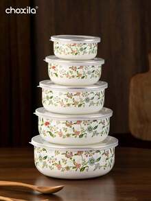 choxila 3/5件套搪瓷搅拌碗套装，带盖嵌套储物碗套装，适用于水果、麦片、冰淇淋、沙拉等食材，也可作盛菜碗，嵌套式食品储物容器，适合家庭厨房、露营、斋月、宰牲节等场合。