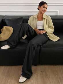 Livesso 高腰褶饰阔腿西装裤，女士正装裤 - 黑色 - 查看 7