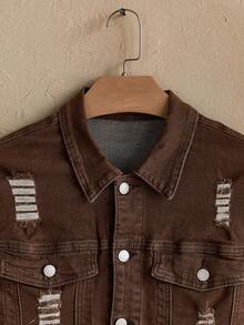 男式前扣长袖口袋做旧休闲牛仔夹克 - 棕色 - 查看 4