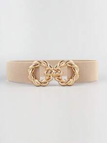1pc Fashion Metal Buckle Elastic Waist Belt, Decorative For Dresses, Shirts - 520 Khaki Gold Buckle - View 2