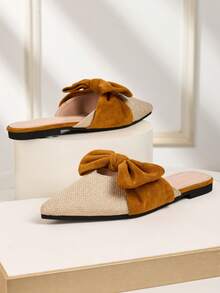 New Breathable Linen Color Block Bow Pointed Toe Slip-On Mule Flats, Elegant Hollow-Out Design, Suitable For Women Outdoor Wear All Seasons - Apricot - View 6