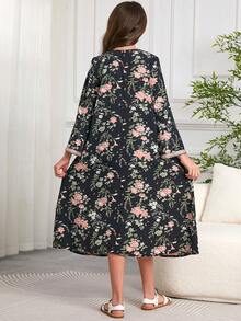 Tween Girl Middle East Dubai Style Print Loose Long Dress Robe - Multicolor - View 2