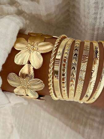 1-8 件复古优雅老币花卉设计金属感宽手镯，可调节个性化堆叠腕口，适合女性夏季海滩派对音乐节约会礼物日常通勤珠宝搭配