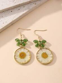 1 pereche cu pandantiv rotund din rășină naturală cu flori uscate și cercei vintage cu fluture din sticlă, cercei versatili de înaltă calitate cu flori albe, pentru purtare zilnică, vacanțe și cadouri. Mică diferență între florile uscate reale și imagini.