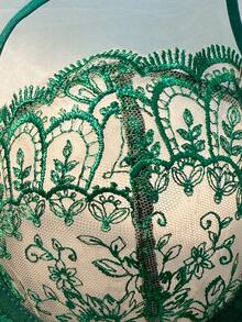 2 Pieces Set Of Women's Classic Green Christmas Bow Embroidered Semi Transparent Bra With Adjustable Shoulder Straps For Comfortable Home Style+Triangular Pants - Green - View 2