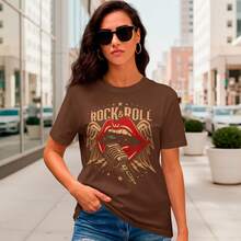 Camiseta Feminina Rock & Roll Boca com Microfone Vintage Estilo Retrô Casual 100% Algodão - Marrom - Visão 7
